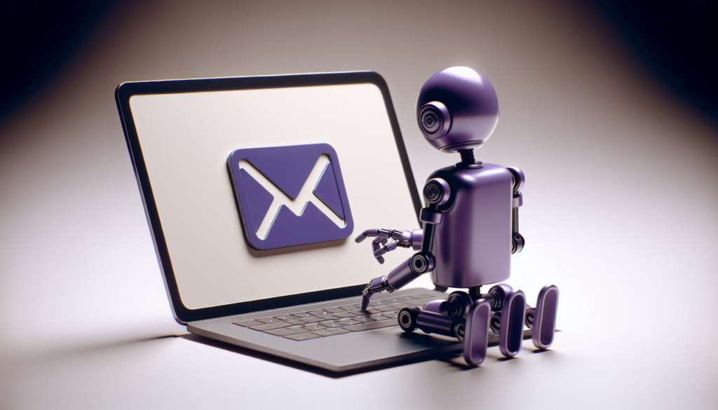 Robot realiste violet tapant ordinateur portable icone email.jpeg