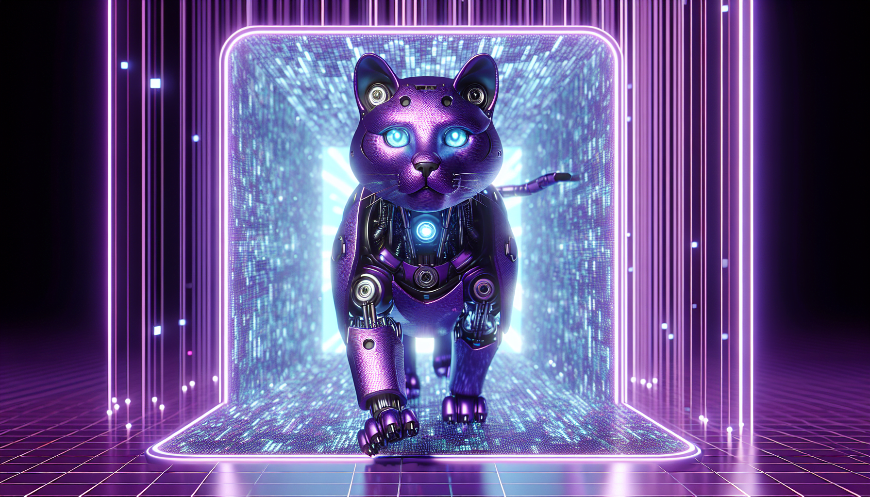 chat robot realiste theme violet sortant portail numerique design unique lueur rayonnante pixelisee yeux azures cadre futuriste avance