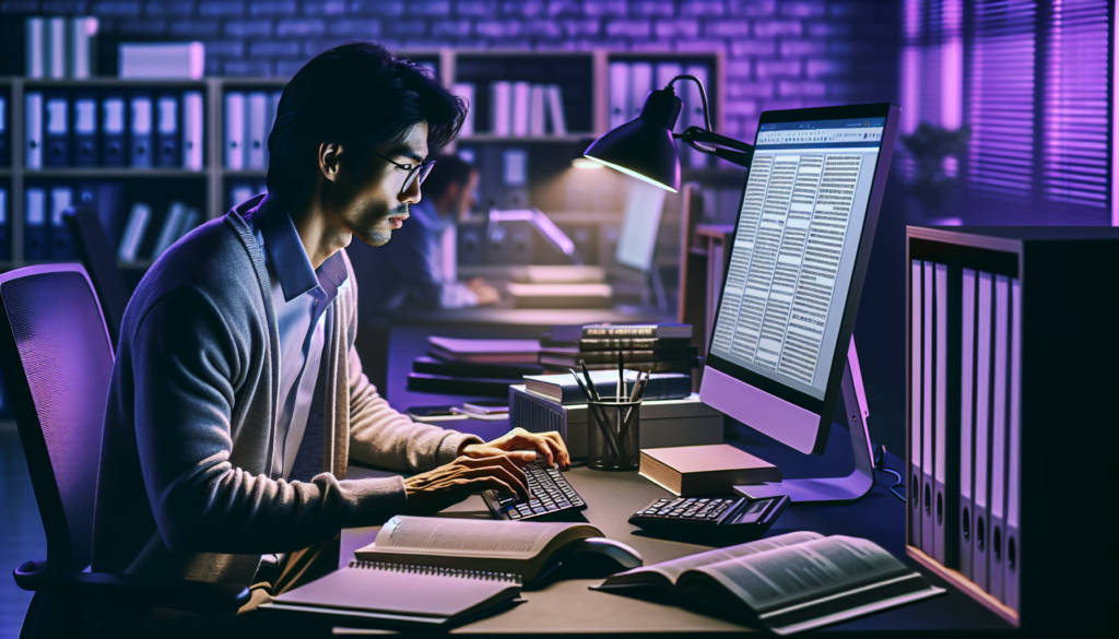 homme est asiatique traduisant documents multilingues ordinateur moderne espace de travail organise theme violet.jpeg