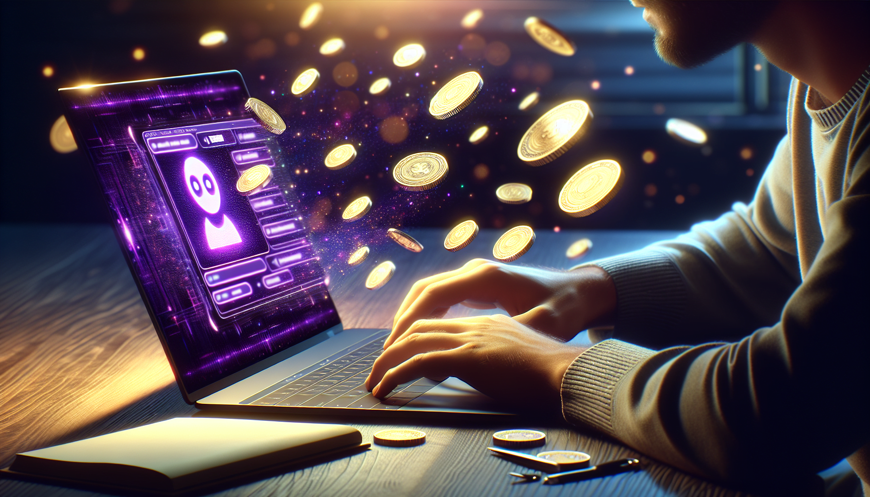 homme tapant sur ordinateur portable moderne avec interface assistant chat violet et pieces monnaie dorees levitant autour