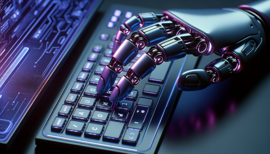 main robot violet tapant sur clavier ordinateur futuriste technologie avancee