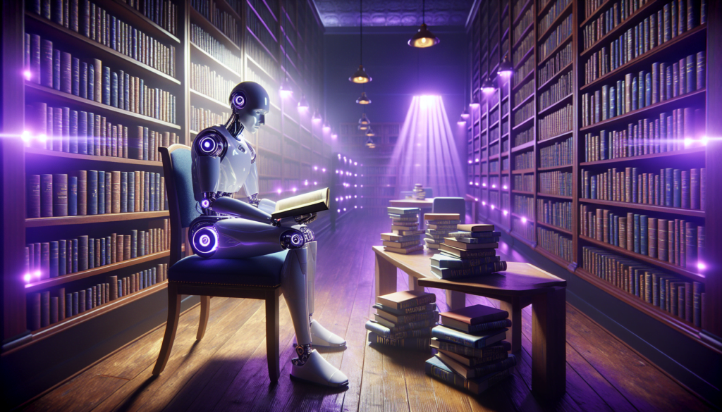 robot humanoide etudiant ethique morale bibliotheque violette design metallique argent lumieres led ambiance concentration apprenante lueur violette.jpeg