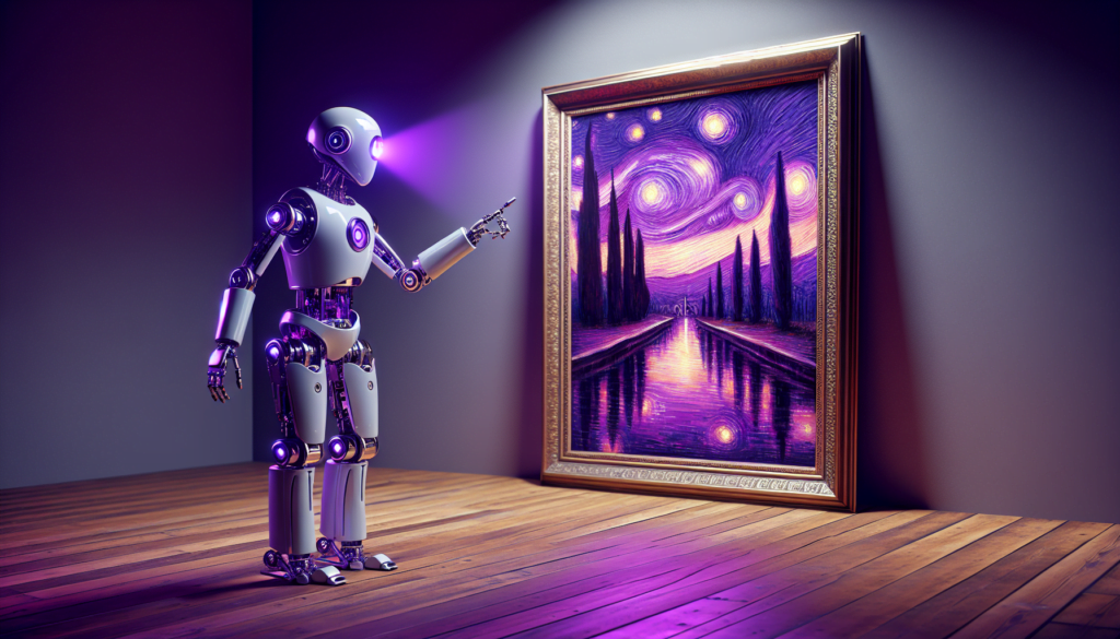 robot violet observant peinture historique oversize reflet lumiere led paysage crepusculaire abstrait melange realisme fiction.jpg