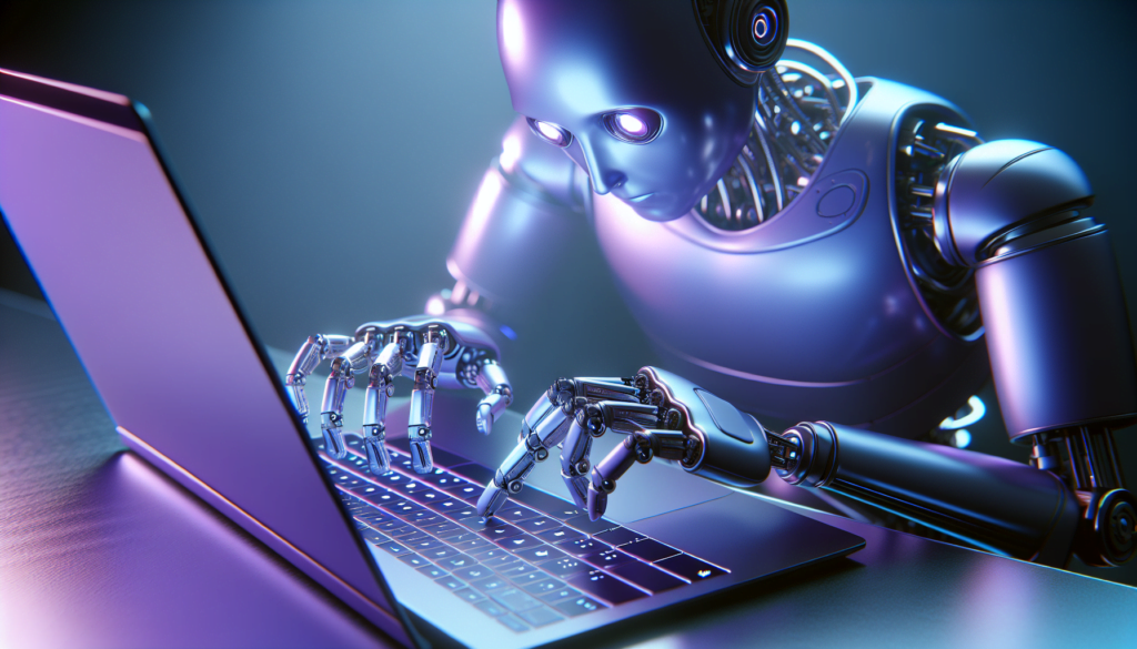robot violet tapant sur ordinateur realiste detaille brillant metallic reflet lumiere douce gloire ecran doigts articules yeux lumineux servomoteurs mouvement table eclairage ambiant.jpeg