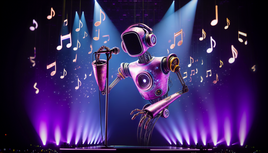 robot violet unique en concert sous lumieres eclatantes fusion technologie musique