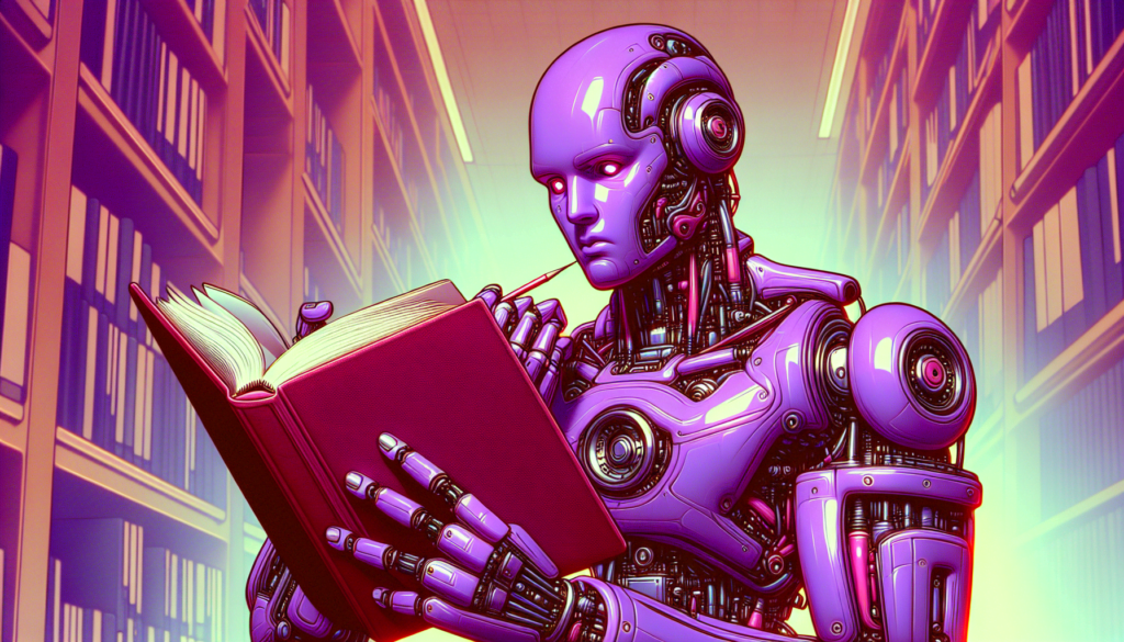 Robot Humanoide Violet Lisant Revue Academique Technologie Avancee Realisme Couleurs Vibrantes