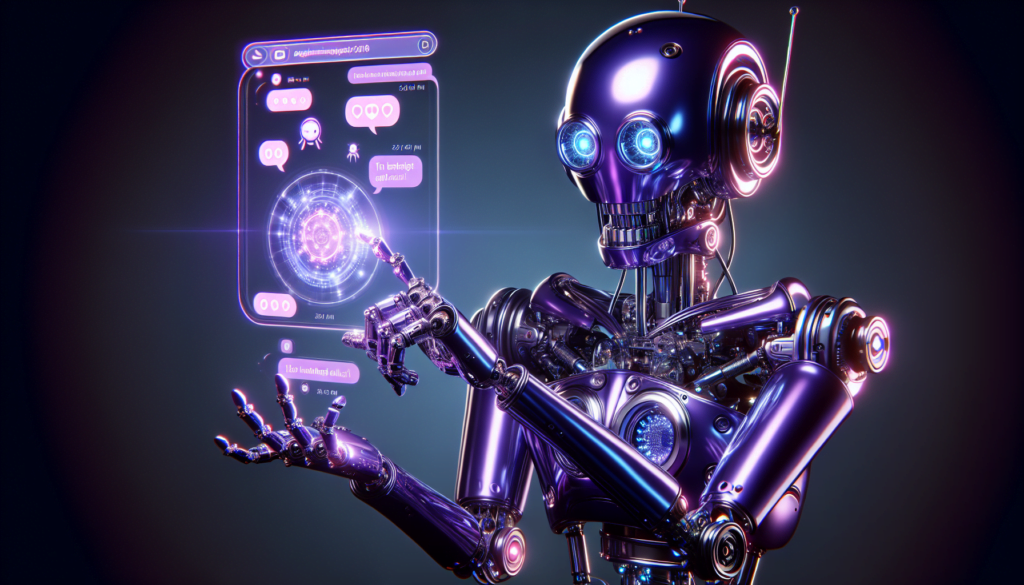 Robot violet interagissant avec interface holographique ChatGPT detail realiste