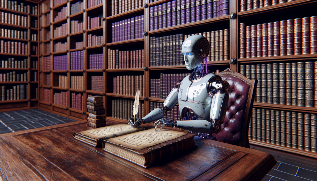 bibliotheque violette realiste anciens volumes acajou robot humanoide table chene carnet cuir plume oie vintage.jpeg