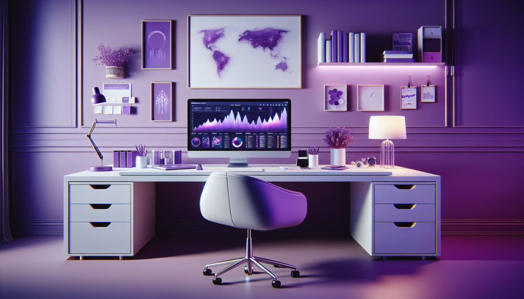 bureau moderne et epure design minimaliste lumiere violette ordinateur graphiques colores decoration violette ambiance tranquille 2021
