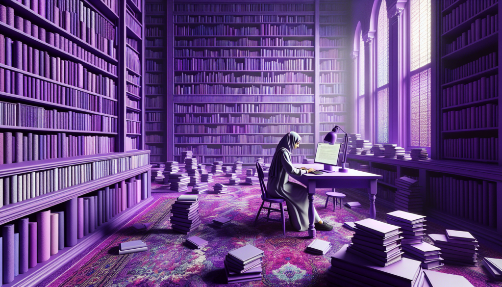femme moyen orient travaillant ordinateur bibliotheque violette livres plagiat.jpg
