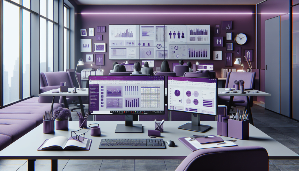 interieur bureau violet avec trois ecrans logiciels excel powerpoint teams atmosphere professionnelle.jpeg