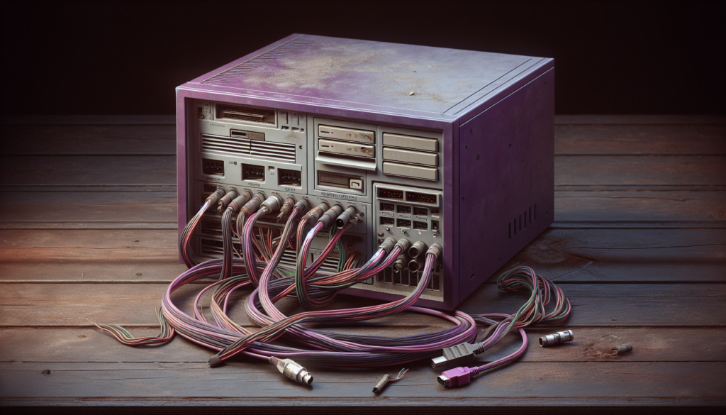 ordinateur violet abandonne cables debranches sur bureau bois fonce.jpg