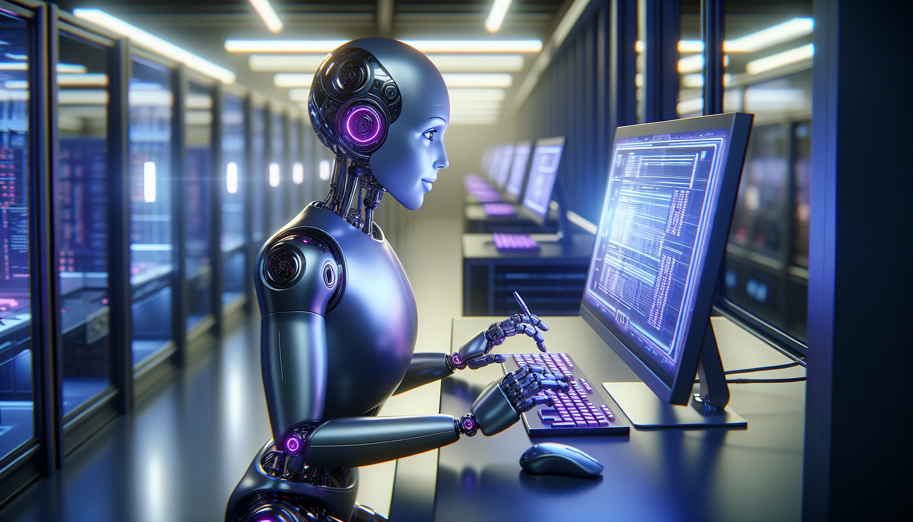 robot anthropomorphe travaillant dans un laboratoire futuriste avec poste informatique lumineux detaille