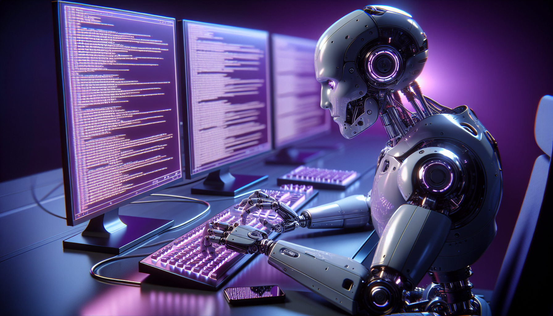 robot violet realiste tapant sur ordinateur futuriste codes complexes concentration mecanique lueur ecrans reflets