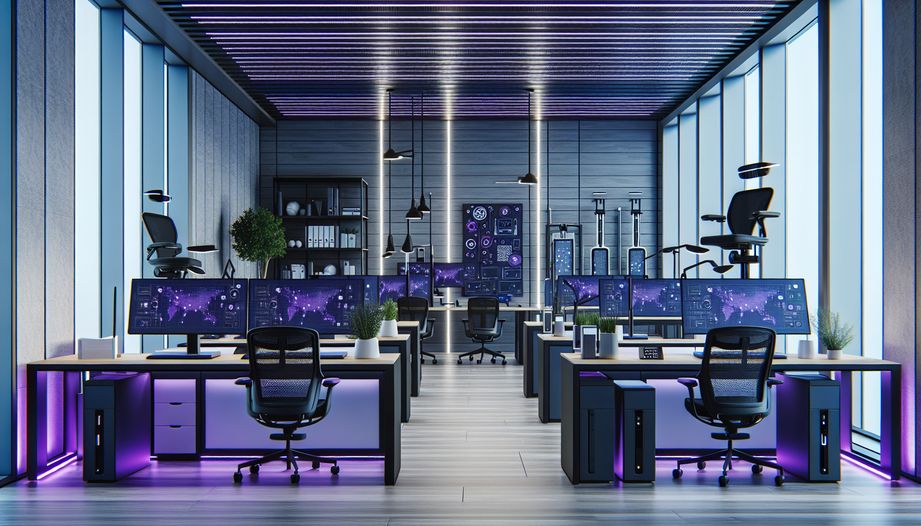 Bureau contemporain technologique violet avec bureaux debout automatises tableaux blancs interactifs assistants robotiques et eclairage intelligent style realiste.jpeg