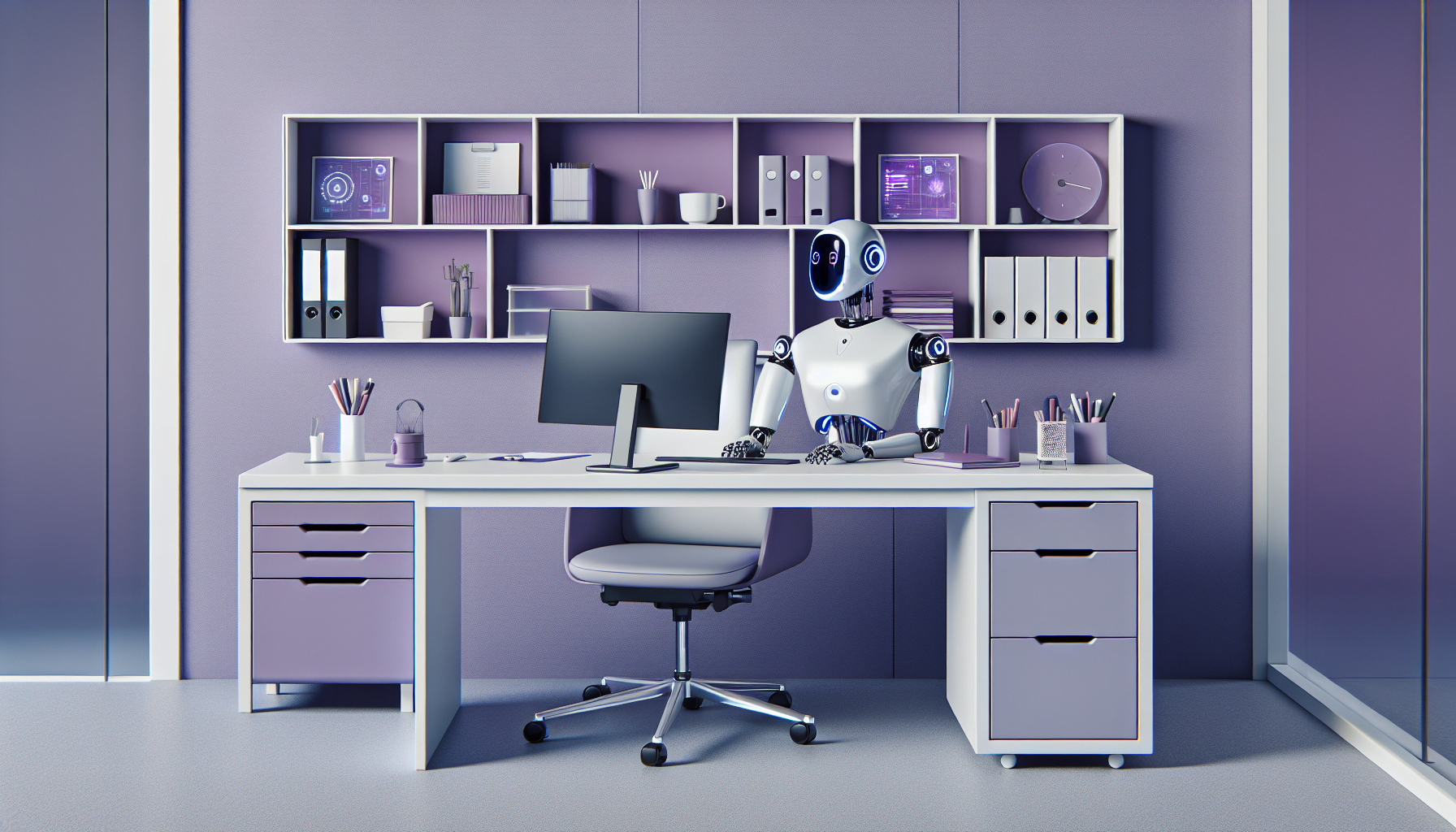 bureau moderne violet avec accessoires essentiels et robot consultant AI integre design epure futuriste haute technologie.jpeg