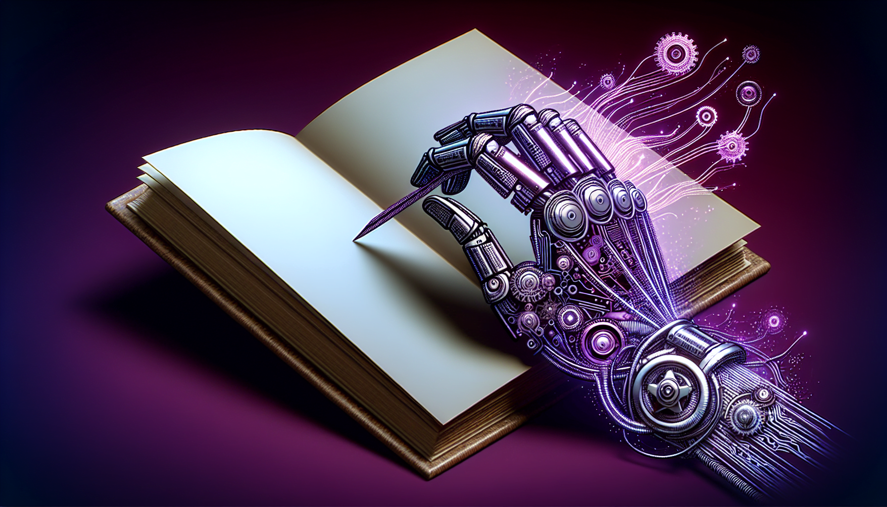 couverture livre robotique main metallique tournant page theme violet fusion lecture technologie futuriste.jpg