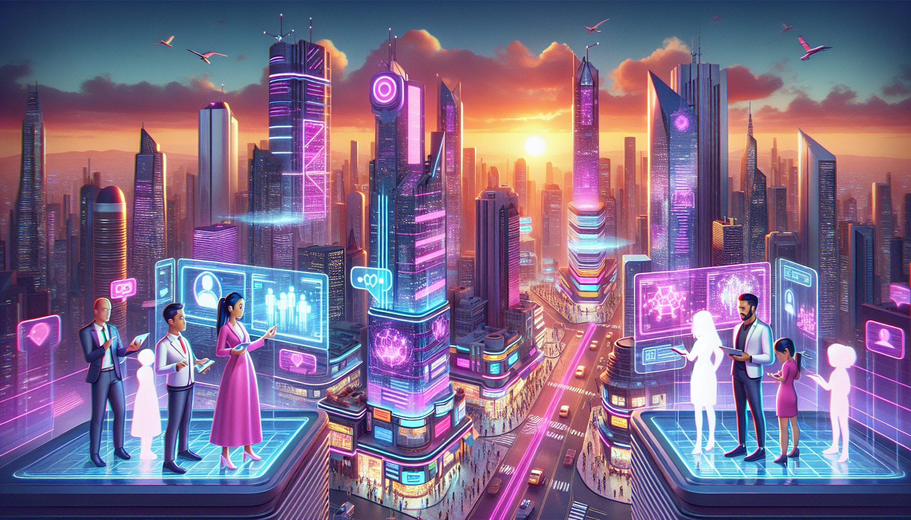 entrepreneurs dessins animes interagissant avec IA holographique dans entreprise urbaine futuriste 8K.jpeg