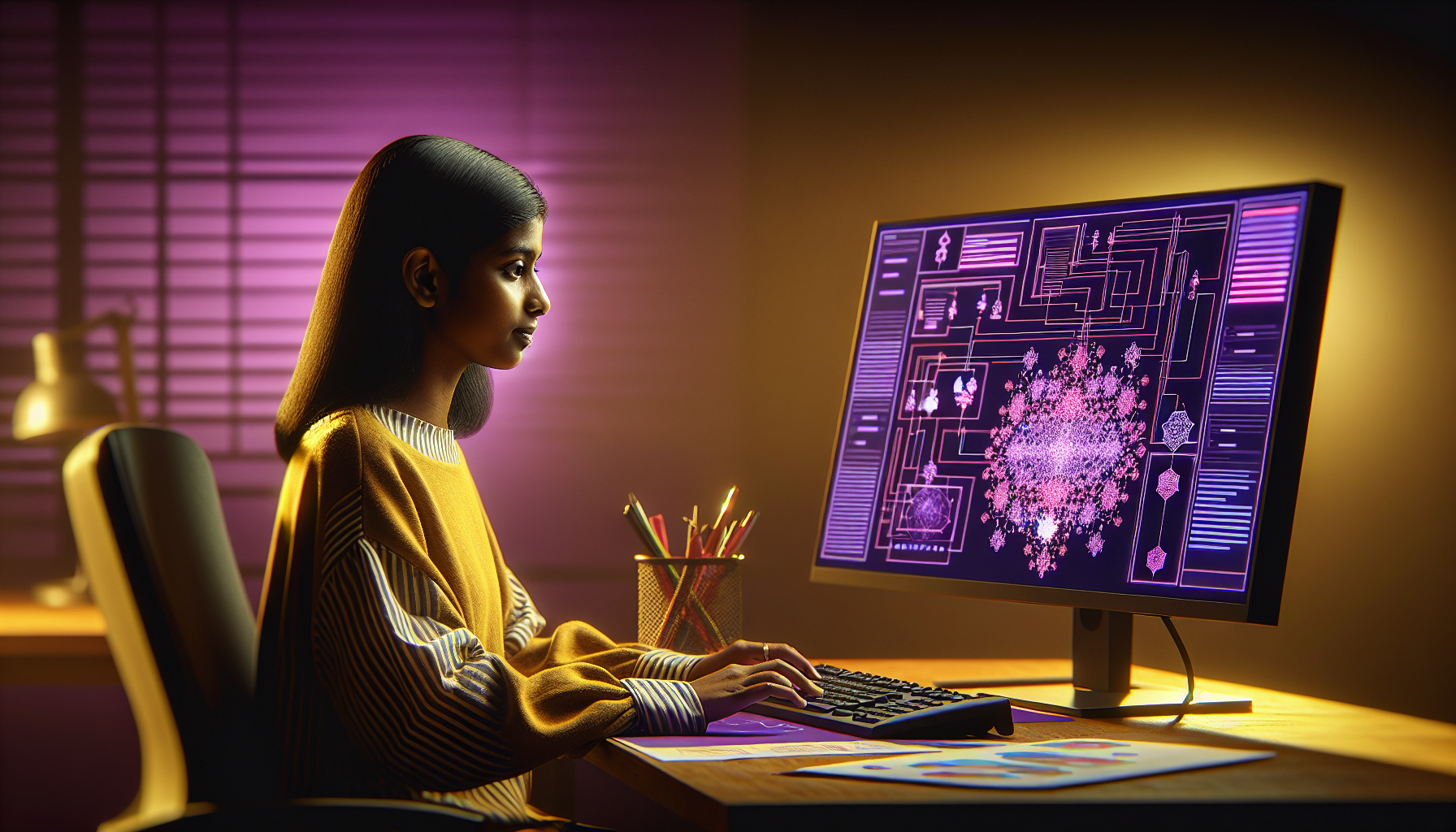 femme sud asiatique travaillant ordinateur interface violette diagrammes flux detailles eclairage chaleureux.jpg