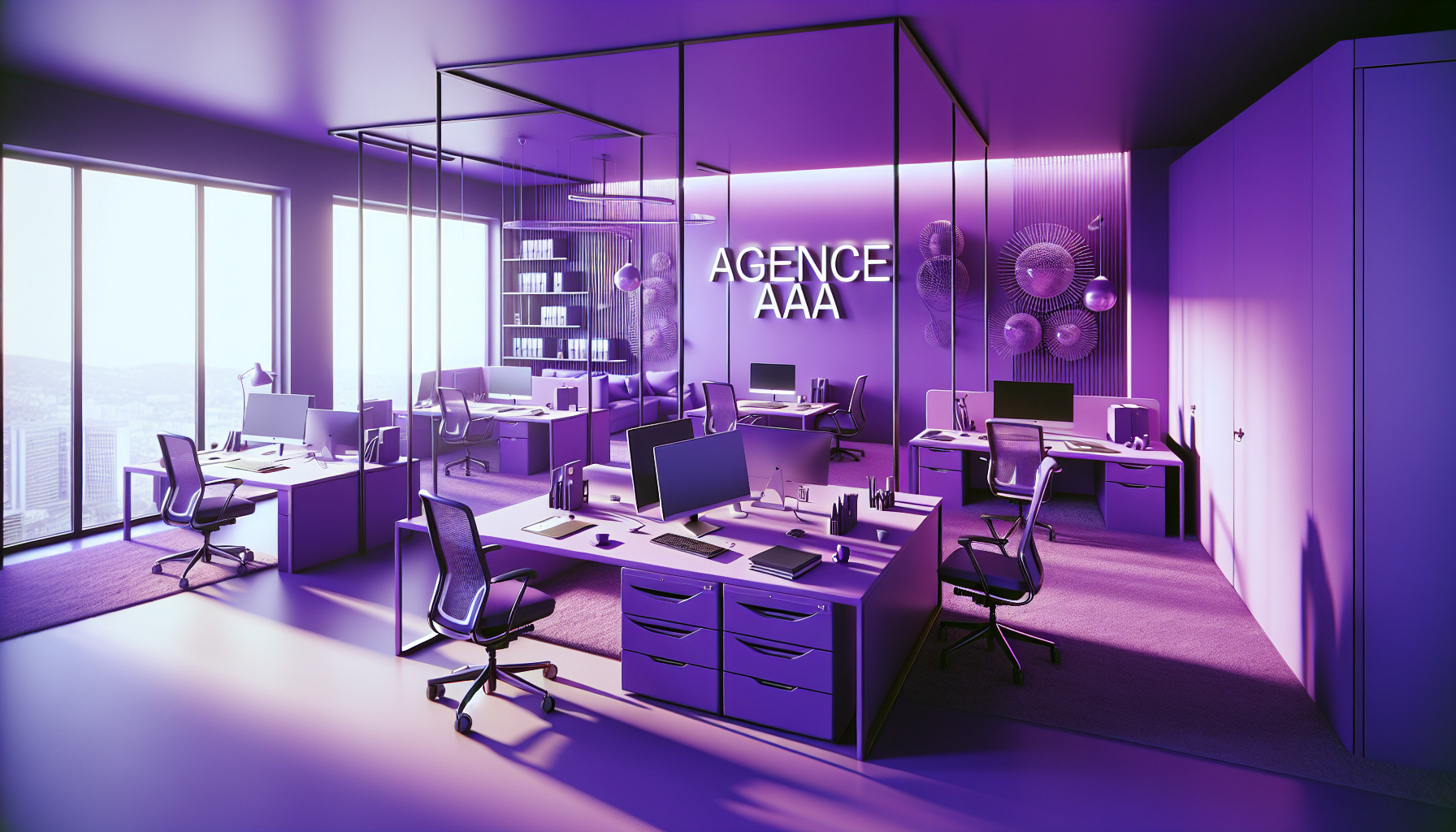 interieur bureau realiste nuances violet mobilier moderne equipements technologiques panneau agence AIAA