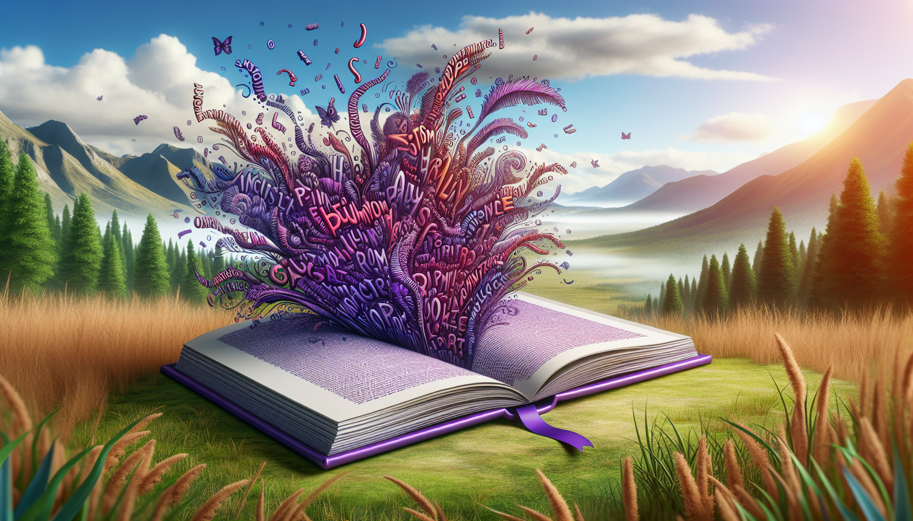 livre theme violet ouvert mots animes decoratifs contraste fond realiste nature herbe arbres montagnes ciel semi nuageux.jpeg