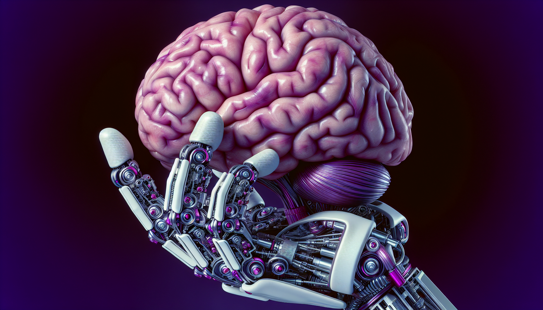 main robot humanoide violet tenant cerveau humain detaille realiste construction futuriste eclat metallique precision conception anatomiquement precis