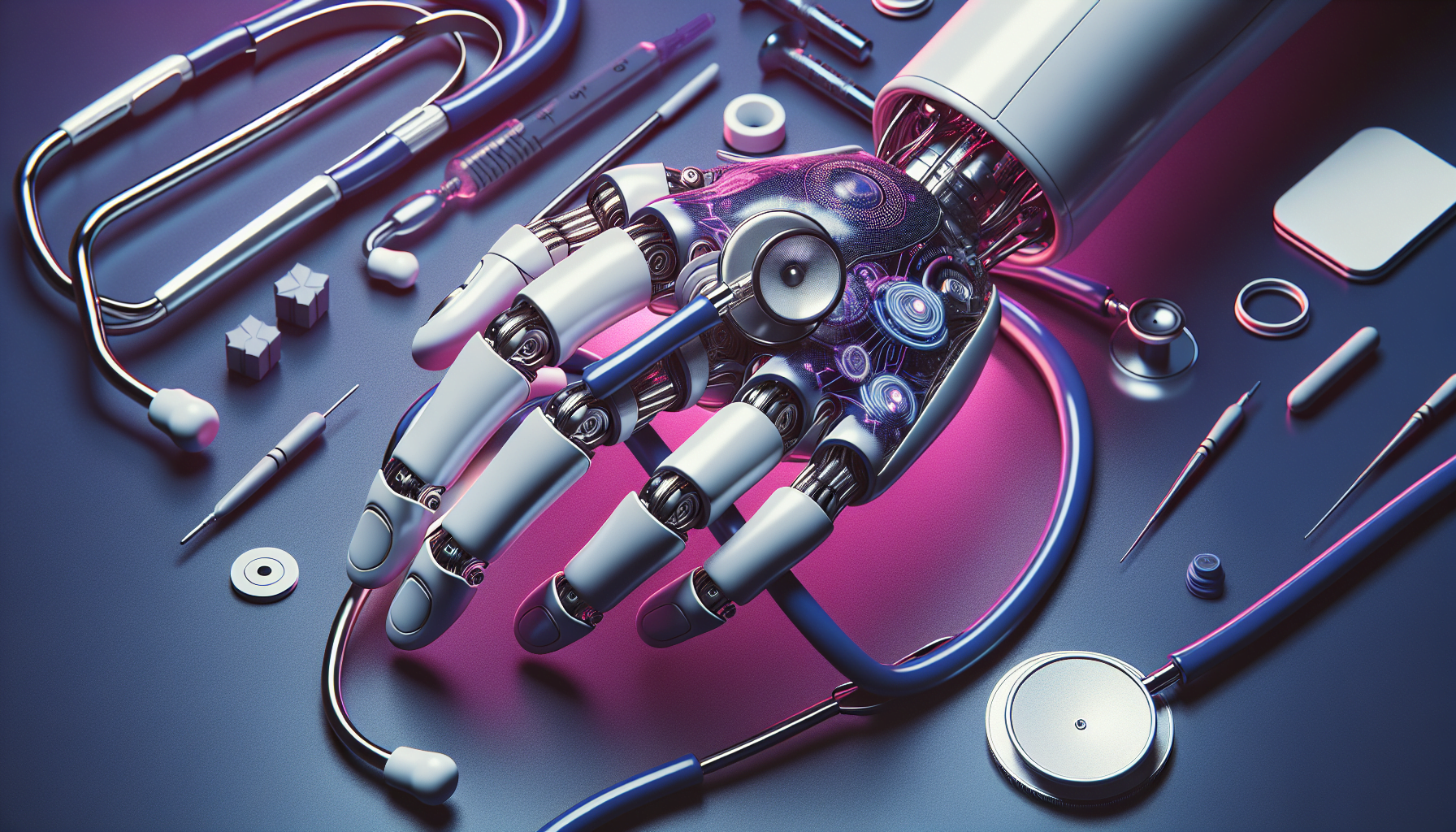main robotique violette tenant stethoscope materiel medical arriere plan soins de sante technologiques.jpg