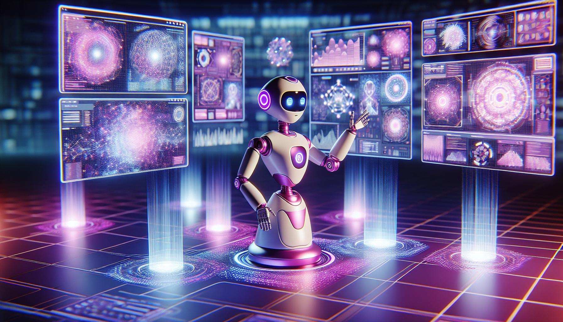 robot IA dessin anime futuriste couleurs rose violet blanc interagissant avec ecrans holographiques environnement high tech technologie avancee.jpg