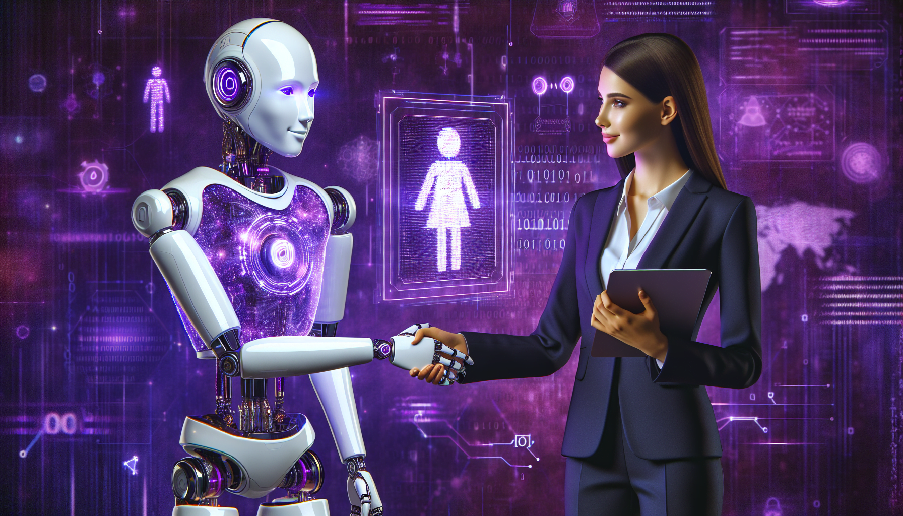 robot humanoid serrant main professionnelle cybersecurite noire theme violet codes chiffrement donnees interface technologique ecrans futuristes.jpeg