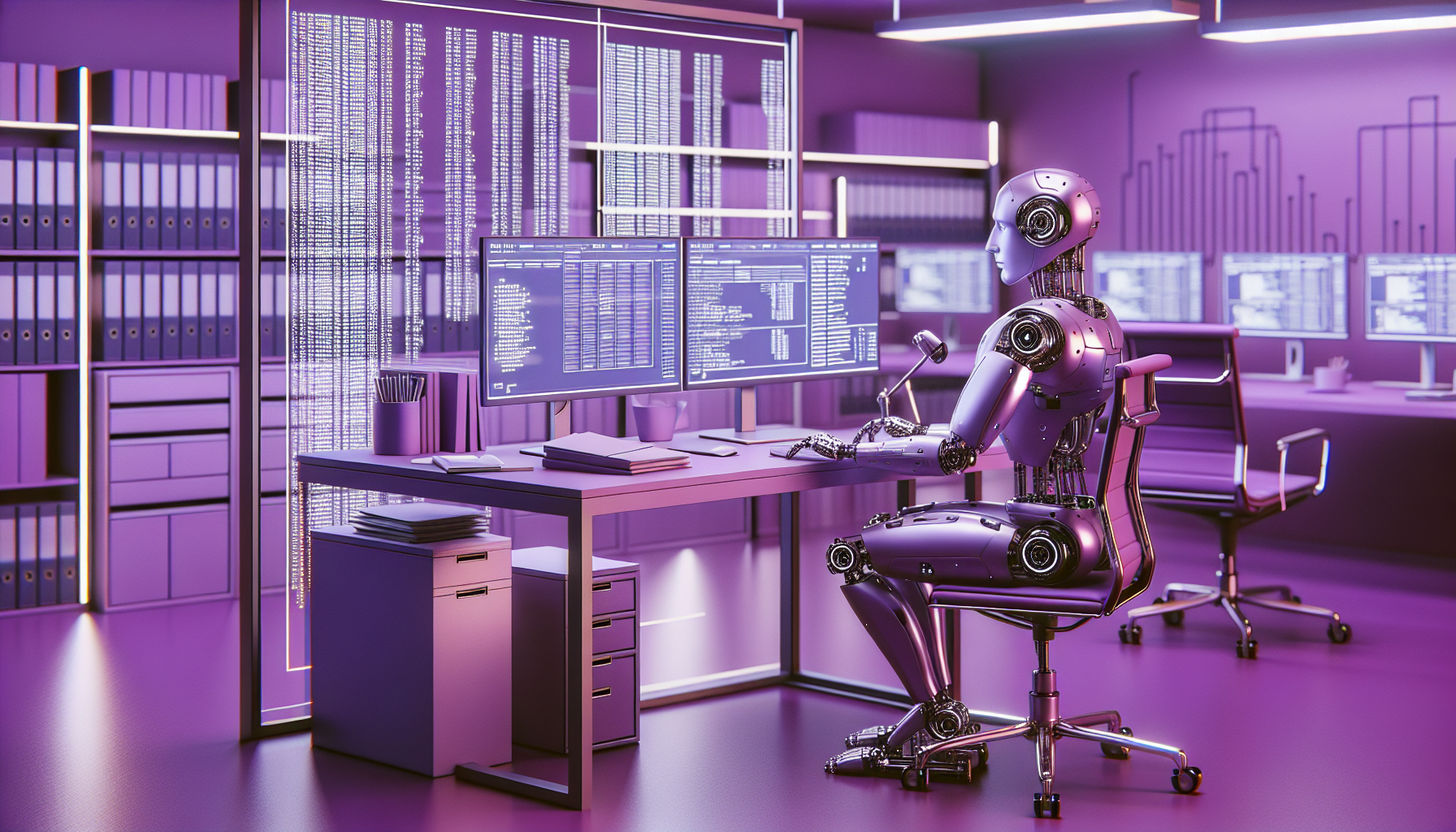 robot travaillant dans bureau violet automatisation administrative algorithmes complexes.jpg