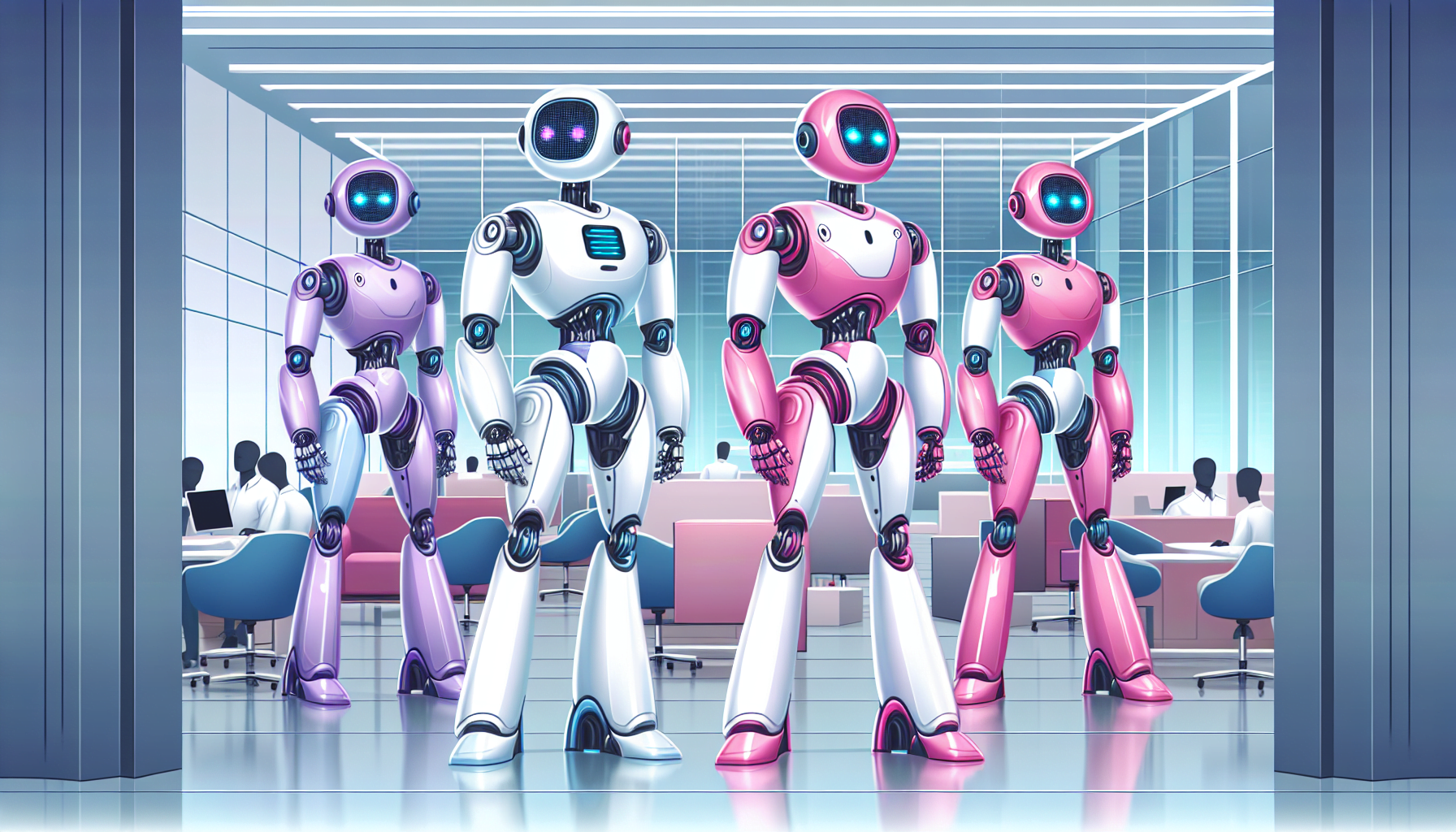 robots futuristes dessin anime couleurs rose violet blanc technologie avancee intelligence artificielle environnement entreprise moderne.jpg
