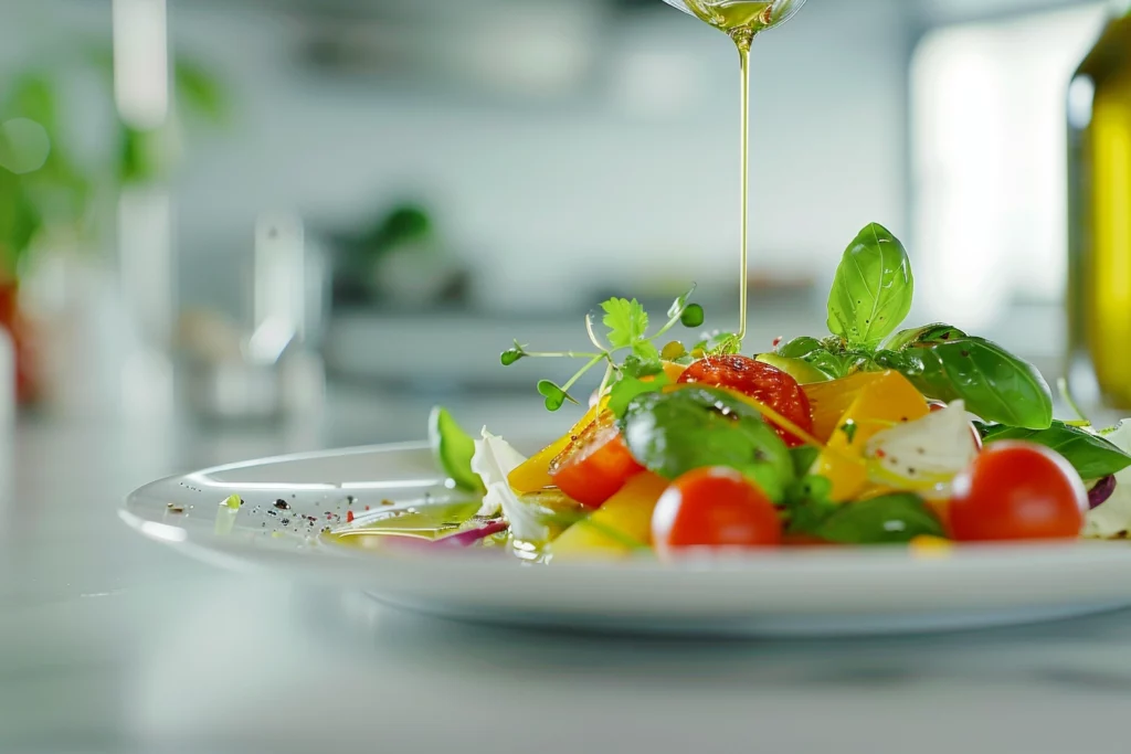 A plate of colorful salad with fresh vegetables and a drizzle of olive oil on a white table. Hyper realistic. Shot with canon 5d Mark III