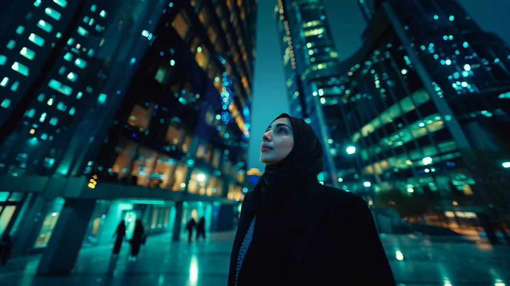 A portrait of women wearing Hijab looking up at offices office bokeh behind night lighting cinematic sequence minimalist moody pattern clean lines kodak porta 80