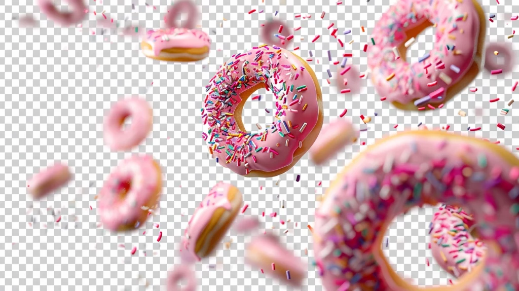 An assortment of mouthwatering round donuts with vibrant pink frosting captured in flight with sprinkles trailing behind them against a transparent background offering