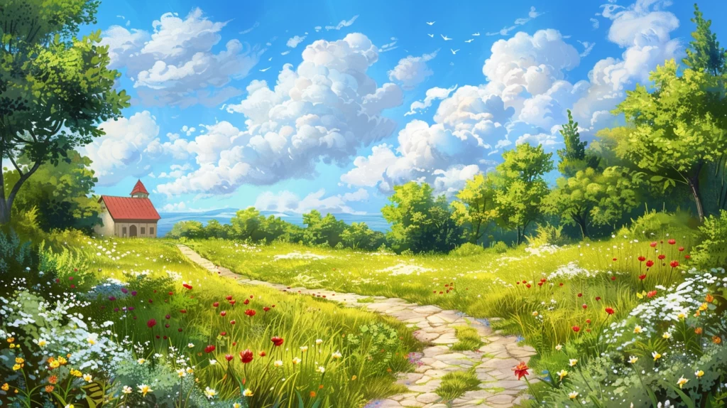 Drawing for a childrens book of a beautiful day with blue sky and grass in the middle of which there is a path that leads to a kindergarten on the left side of the drawing the