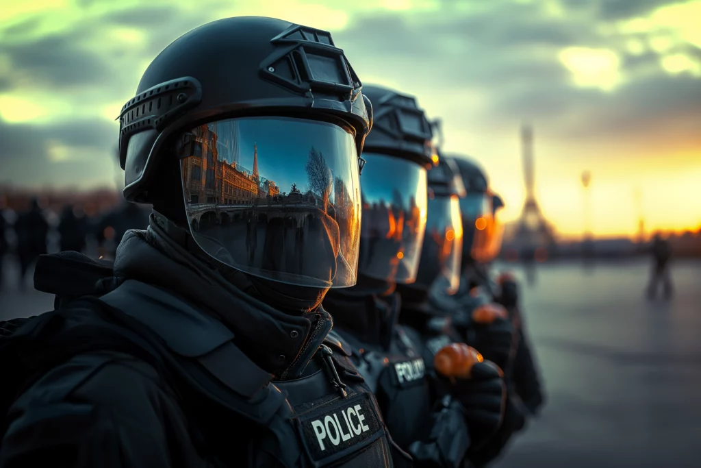 Imagine a crisp early morning scene where several police officers stand in a line facing directly towards the camera. Each officer is uniquely positioned creating a dynamic and visually