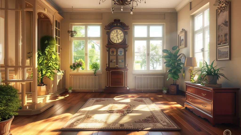 Minimalistic room symmetrical a large central traditional grandfather clock on wall stunning digital art realism living room