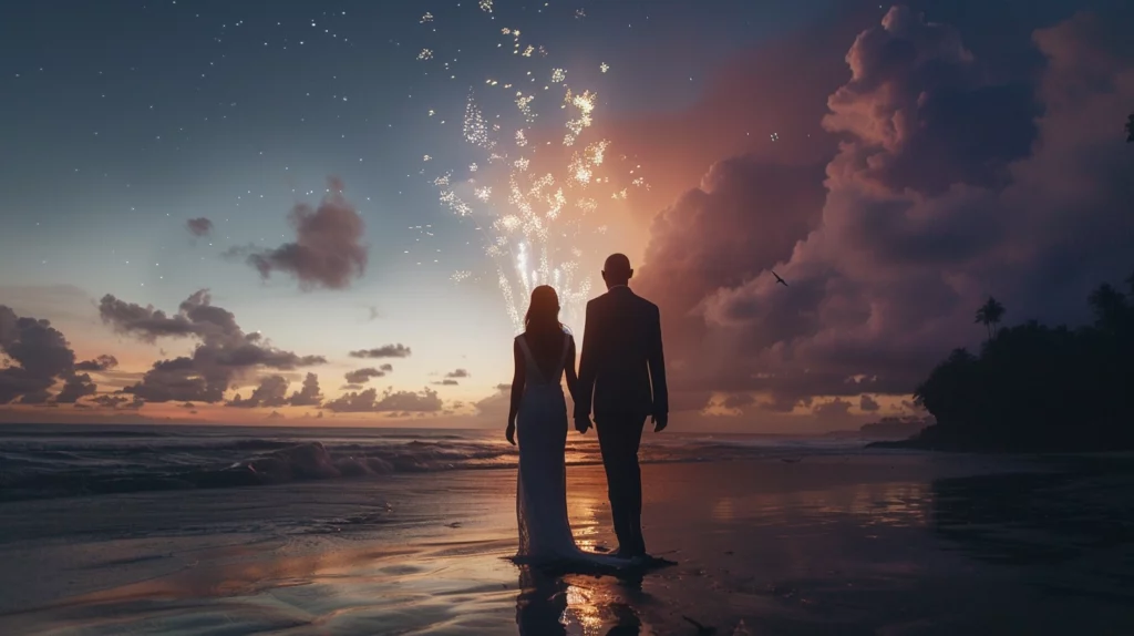 Romantic wedding scene on a Bali beach for an Asian couple on a sandy beach during a majestic sunset a sky full of stars with fireworks long shot of married couple walking by the