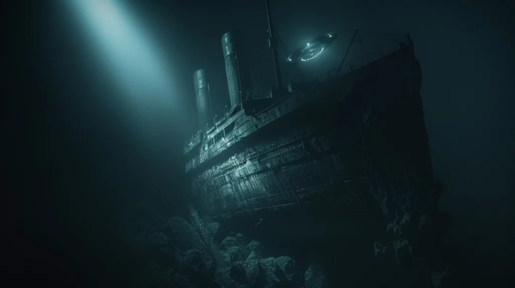 The wreck of the Titanic in the dark of the ocean depths being scanned by an underwater UFO