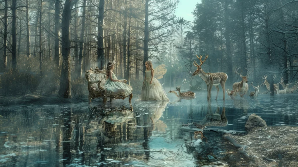 Two people a young girl and a fairy. In a serene pine forest a young girl awakens on an ornate lounge chair amidst clear shallow waters. Nearby an elegant