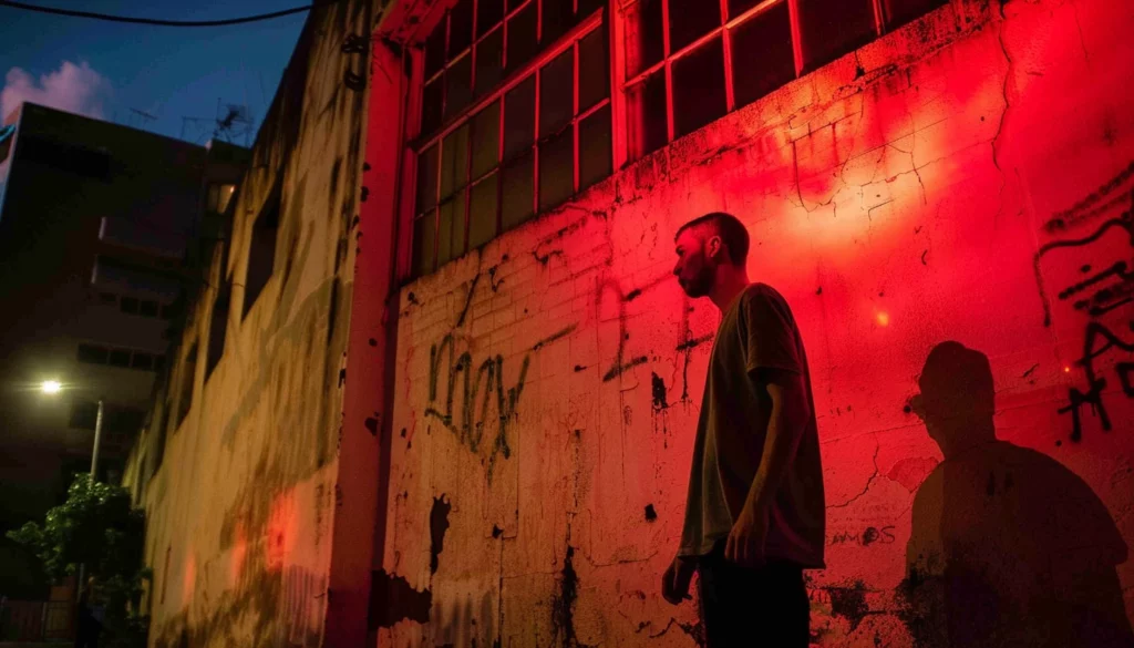 a portrait of a uk raver standing outside an abandoned warehouse circa 1995 in old San Juan Puerto Rico evening red lights