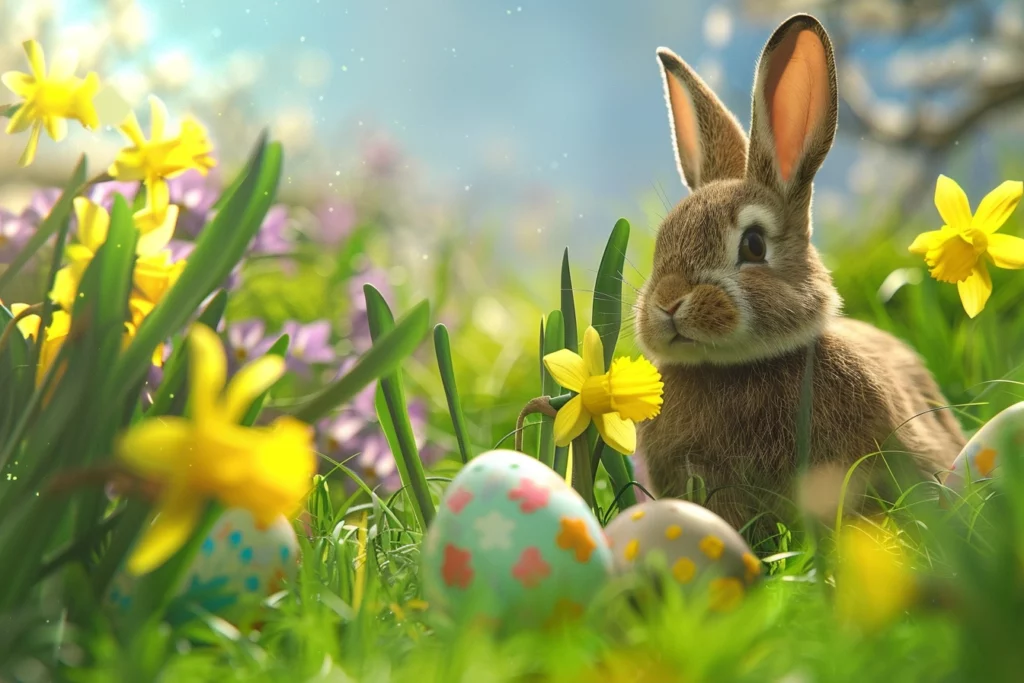 close up of a bunny sitting in the green grass between yellow daffodil flowers and painted easter eggs beautiful sunny day photorealistic blurred background