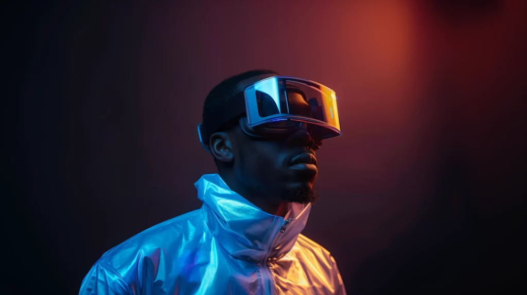 man wearing a smart VR glasses in the style of futurism but realistic dark solid background blue highlights and shine side prospective bold coloration functional design high tonal range HDR