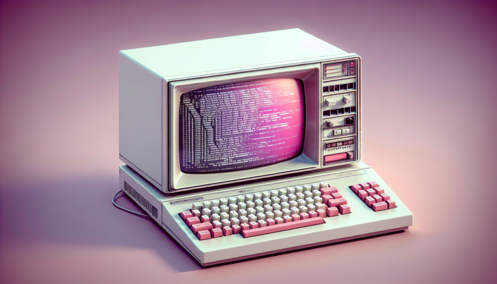 Générez une image réaliste en 4K d'un ordinateur de style vintage dans un schéma de couleurs rose, blanc et violet. L'ordinateur est conçu pour être un symbole du programme Logic Theorist, l'un des premiers programmes d'intelligence artificielle. Il est distinctement désuet, rappelant la période de conception des ordinateurs des années 1960. Les teintes rose, blanc et violet se fondent harmonieusement sur le corps de l'ordinateur, le clavier et même l'écran, évoquant un sentiment de nostalgie. Intégrez des éléments qui rendent hommage au programme Logic Theorist de manière subtile et esthétiquement agréable. - Furybiz