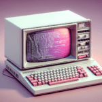 Générez une image réaliste en 4K d'un ordinateur de style vintage dans un schéma de couleurs rose, blanc et violet. L'ordinateur est conçu pour être un symbole du programme Logic Theorist, l'un des premiers programmes d'intelligence artificielle. Il est distinctement désuet, rappelant la période de conception des ordinateurs des années 1960. Les teintes rose, blanc et violet se fondent harmonieusement sur le corps de l'ordinateur, le clavier et même l'écran, évoquant un sentiment de nostalgie. Intégrez des éléments qui rendent hommage au programme Logic Theorist de manière subtile et esthétiquement agréable. - Furybiz