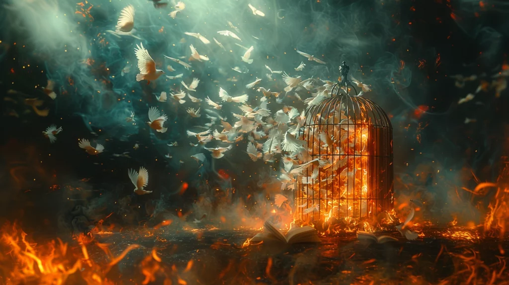 painting of a liquid fire. cage. tomes. Feathers. White feathers. books. flames.