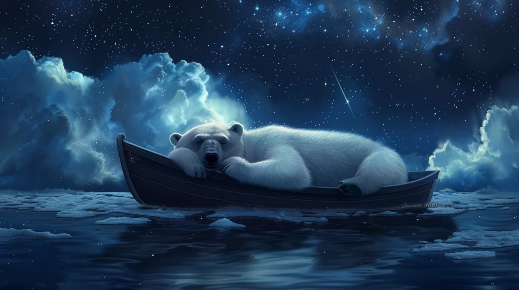 sleeping polar bear in a boat sea clouds stars dark full body view night time cute 2d pixar disney dreamworks