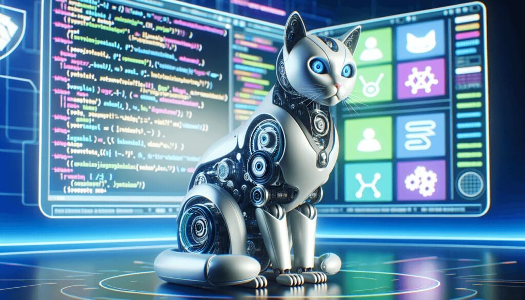 Un chat robotique élégant et avancé est assis devant un écran d'ordinateur lumineux et coloré qui affiche une gamme variée de langages de programmation. Le chat est conçu avec complexité, avec des éléments qui évoquent le concept d'intelligence artificielle. La conception du chat robotique comprend un logo discrètement placé qui représente une organisation fictive de recherche en systèmes intelligents. - Furybiz